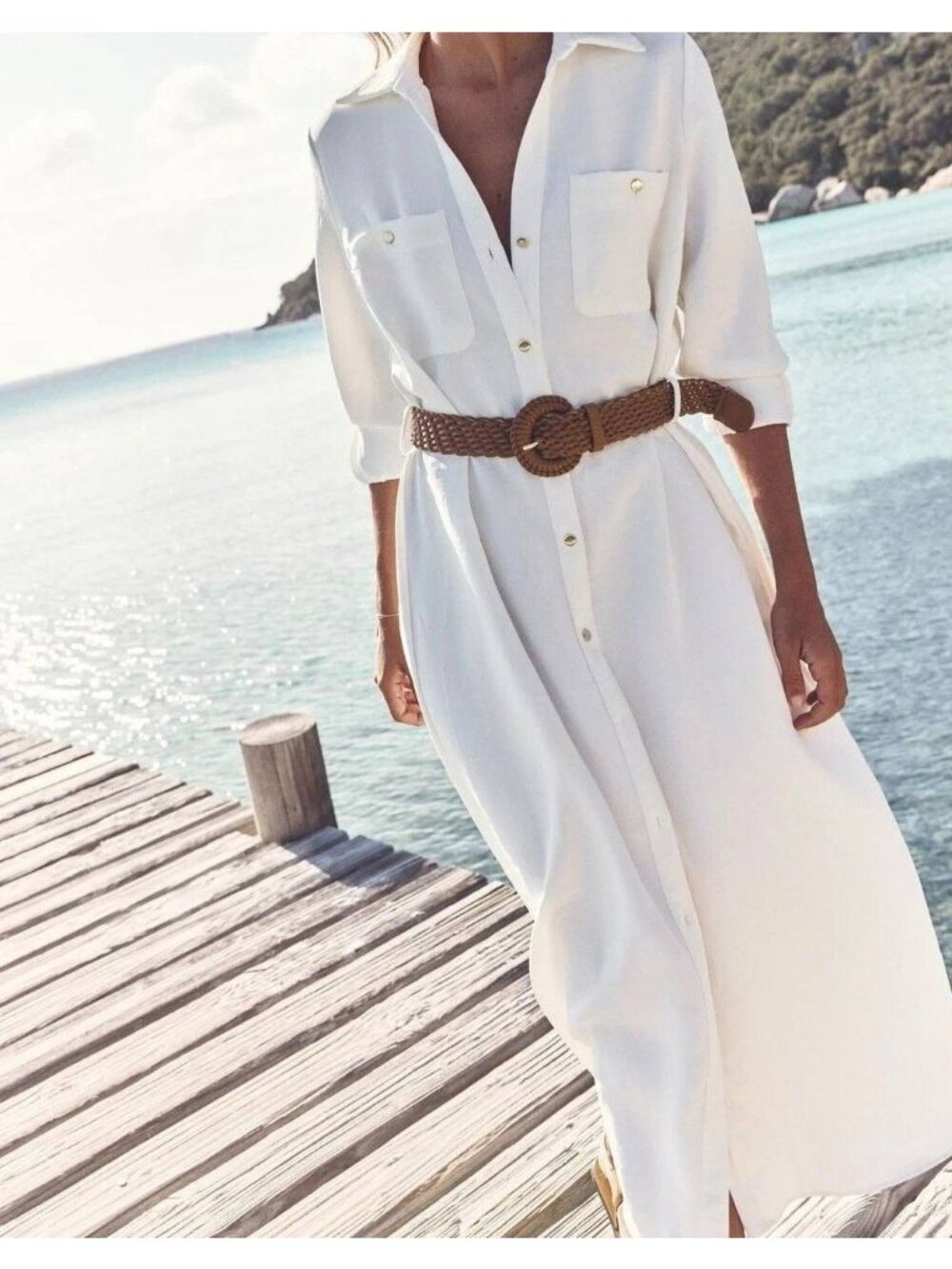 Zara Midi Shirt Dress white Woven Belt Large long sleeve 8373/542 NWT